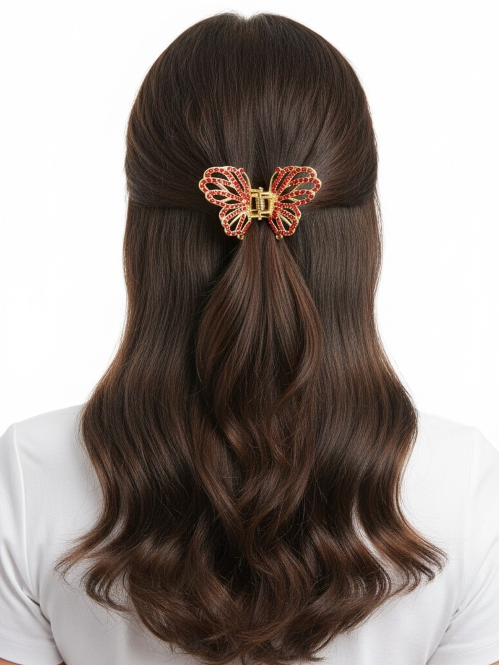 Butterfly Allover Cherry Red Rhinestone 2” Gold Metal Lobster Claw Hair Clip